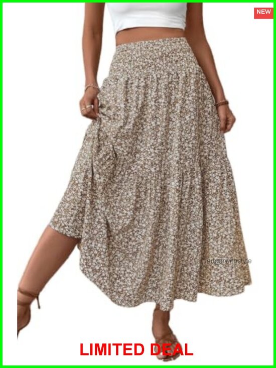Dresses & Skirts - Boho Maxi Skirt Floral Smocked High Waist Long Skirt with Pockets